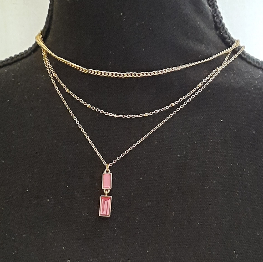 NWT LC Lauren Conrad Gold and Pink Layered Necklace with Pendant